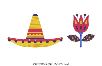 Mexican sombrero hat and red flower cartoon vector illustration