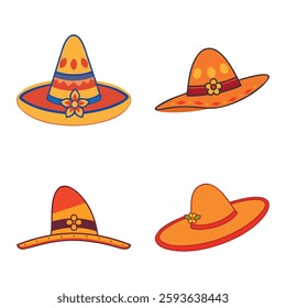 Mexican Sombrero Hat Set Fiesta Culture Symbol Vector Illustration