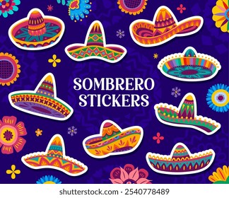 Adesivos de chapéu sombrero mexicano com padrões de ornamento latino, ícones vetoriais. Cartoon adesivos mexicanos de sombrero ou chapéus de cowboy para o feriado Cinco de Mayo e a celebração da festa do México