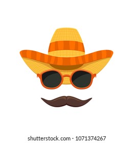 Mexican sombrero hat with sunglasses and moustache for Cinco de Mayo isolated on white background, illustration.