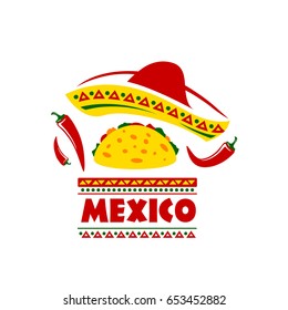 Mexican sombrero hat, taco snack and red chili pepper jalapeno. Vector icon for Mexico food cuisine restaurant menu or meal bar and fast food cafe with traditional Mexican ornament design