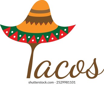 Design de logotipo mexicano Sombrero Hat Tacos para autêntica cozinha mexicana, marca de restaurante Taco, ilustração vibrante do chapéu mexicano com cores festivas, cultura tradicional mexicana e comida de rua 