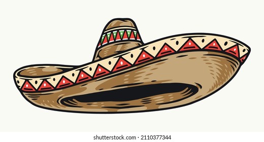 Mexican sombrero hat with triangle ornaments in vintage style, isolated vector illustration
