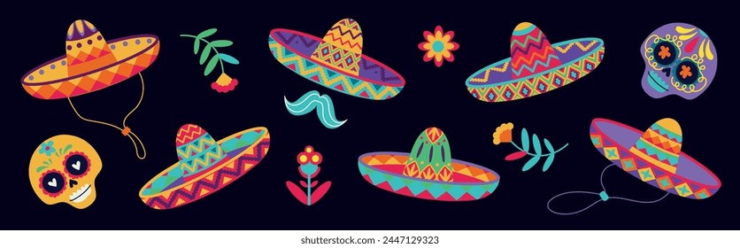 Mexican sombrero hats with color ethnic pattern, vector Mexico holiday and fiesta party objects. Cinco de Mayo carnival. Vector illustration.