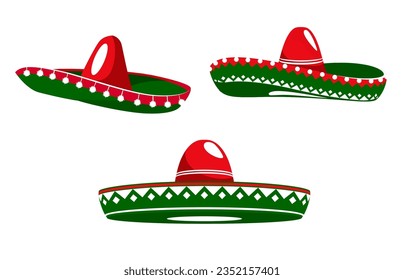 Mexican sombrero hats with Mexico flag colors ornament, vector icons for fiesta party. Mexican culture, tradition and ethnic art symbol of sombrero hats for holiday celebration or national festival