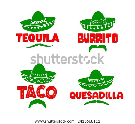 Mexican sombrero hats and moustaches with tequila, burrito, taco and quesadilla, Tex Mex food vector icons. Mexican cuisine restaurant or fast food bar menu signs of sombreros with ethnic ornaments