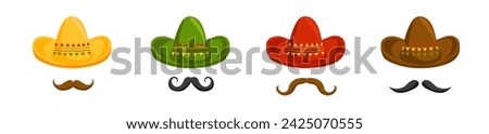 Mexican sombrero hats with mustache set. Mariachi yellow traditional hat with long green brim for latin american parties and spanish mariachi and fun vector fiestas