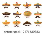 Mexican sombrero hats and mustache. Traditional sombreros with ethnic patterns, Mexico style masks cartoon vector set of mexican mustache illustration