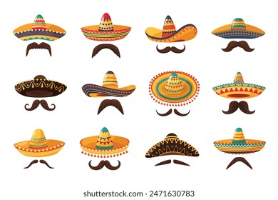 Mexican sombrero hats and mustache. Traditional sombreros with ethnic patterns, Mexico style masks cartoon vector set of mexican mustache illustration