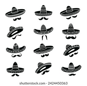 Mexican sombrero hats with mustaches and Mexico ethnic ornament, vector silhouette icons. Mexican culture, tradition and art symbols of sombrero hats for for Latin fiesta party or holiday festival