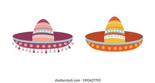 Mexican sombrero hats on an isolated white background. Festive design and fiesta. Decoration with ethnic ornament.