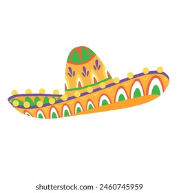 Mexican sombrero illustration, cartoon style bright colors, mariachi, traditional clothing, hat, Mexico.