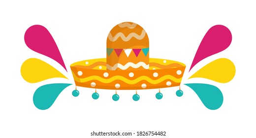 Mexican sombrero isolated on a white background. Vector illustration in flat cartoon style. Accessory for the festival with bells and bright splashes.
