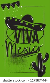 Mexican Sombrero and letting Viva Mexico on a green background with cactuses. Poster Holiday Mexican