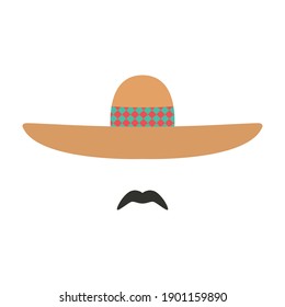 Mexican in a sombrero. Mexican man with colored hat and mustache. Vector icon.