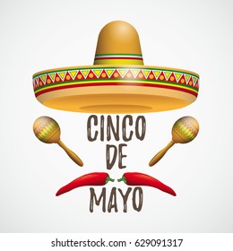 Mexican sombrero with maracas, chili and shadow on the gray background. Eps 10 vector file.