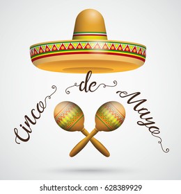 Mexican sombrero with maracas on the gray background. Eps 10 vector file.
