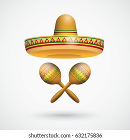 Mexican sombrero with maracas and shadow on the gray background. Eps 10 vector file.