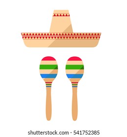 Mexican sombrero and maracas. Traditional national symbols. Isolated objects on white background. Flat. Vector