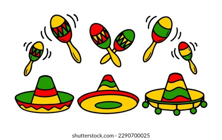 Mexican sombrero and Maracas vector collection. Colorful illustrations of traditional Mexican hat and musical instrument for Cinco de Mayo