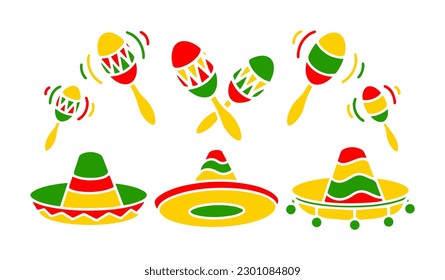 Colección portadora mexicana y vectorial de Maracas. Coloridas ilustraciones del sombrero tradicional mexicano e instrumento musical para Cinco de Mayo