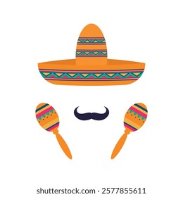 Mexican sombrero, mustache and maracas. Vector illustration of Cinco de Mayo celebration icon.