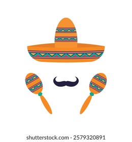 Mexican sombrero, mustache and maracas. Vector illustration of Cinco de Mayo celebration icon.	