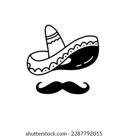 Mexican Sombrero with Mustache Traditional print concept. Vector doodle vector illustration.