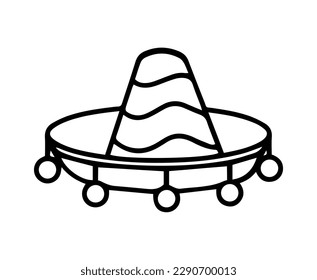 Mexican sombrero with ornament design on top. Vector icon of traditional mexican hat in black and white colors