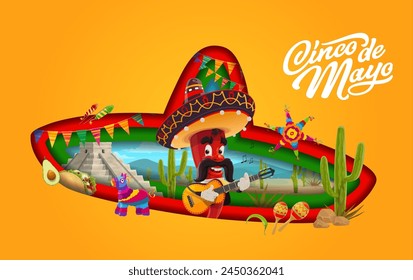 Anuncio mexicano con sombrero cortado en papel de Navidad del Cinco de Mayo con mariachi rojo jalapeño pimienta con bigote tocando guitarra. Vector en capas marco 3d con cactus, maracas, pirámide, pinata, tex mex taco, aguacate