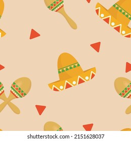 Mexican sombrero pattern with mustache and maracas.