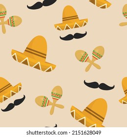 Mexican sombrero pattern with mustache and maracas.