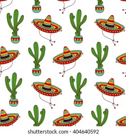 Mexican Sombrero, Seamless Pattern with traditional sombrero hat and cactus, Cinco de Mayo pattern repeating background, vector illustration