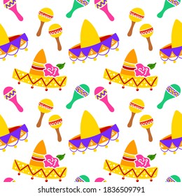 Mexican Sombrero Seamless Pattern. Vector Illustration of Holiday Background.