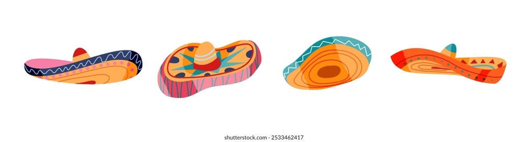 Mexican sombrero. Set of traditional Latino America man hat isolated on transparent background. Colorful cartoon vector illustration for celebration Cinco de Mayo or dia de los Muertos.