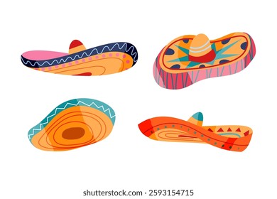 Mexican sombrero. Set of traditional Latino America man hat isolated on transparent background. Colorful cartoon vector illustration for celebration Cinco de Mayo or dia de los Muertos.