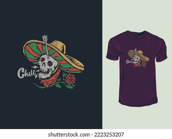 Mexican sombrero skull vintage t-shirt design