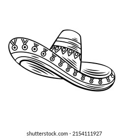 Mexican sombrero tradition hat outline icon vector. Drawn monochrome illustration in retro style .