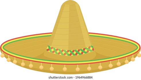 Mexican sombrero. A traditional headdress in Mexico that protects the head and shoulders from the sun and rain. Vector illustration isolated on white background.