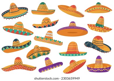 Mexican sombrero traditional vintage headdress flat illustrations set. Ethnic retro carnival hat. Colorful clothes design elements