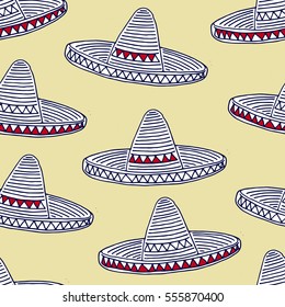 Mexican Sombrero Vector Seamless Pattern. Hand drawn