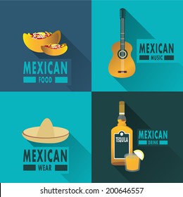 Mexican sombrero,tacos,tequila,guitar