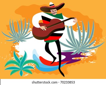 Mexican in somrero sings and accompanies himself on  guitar