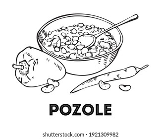 Mexican soup pozole and peppers. Hand drawn outline vector sketch illustration. Black on white background