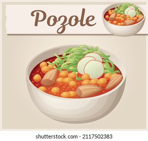 Mexican soup pozole rojo vector icon. Traditional food made of homini corn, chicken meat and garnished with shredded cabbage and radish cartoon illustration