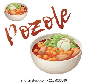 Mexican soup pozole rojo vector icon isolated on white background. Traditional food made of homini corn, chicken meat and garnished with shredded cabbage and radish cartoon illustration