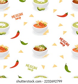 Mexican soups. Seamless pattern with traditional Tomato Soup with tortilla chips and green soup with avocado on white background with chili. Vector endless background with latin american food