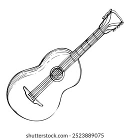 Guitarra acústica clássica espanhola mexicana, instrumento musical de cordas, flamenco folk indie. Ilustração de vetor de tinta desenhada à mão. Elemento isolado único. Desenhar álbum de concertos, entretenimento, festival