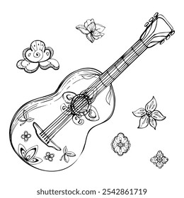 Mexican spanish guitar musical instrument, mariachi fiesta, stylized floral decoration. Hand drawn ink vector illustration. Seamless banner isolated on white. Design travel, vacation, brochure concert