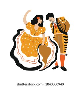 Mexican or Spanish man and woman vector cartoon characters with national clothes. Matador and beautiful lady. Vector bullfight dancers illustration isolated on the white background.